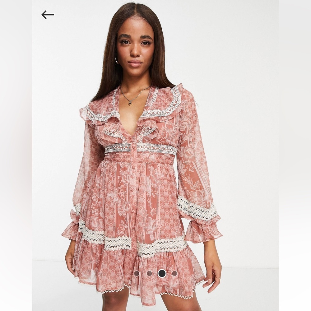 ASOS lace insert mini dress ruffle detail
& button through- pink floral size 14